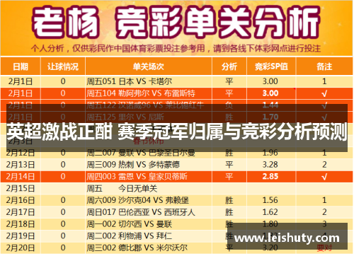 英超激战正酣 赛季冠军归属与竞彩分析预测